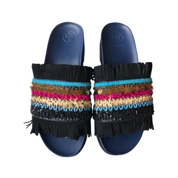 Tory Burch Shoes - Tory Burch Isle Beaded Fringe Flat Slide Sandals